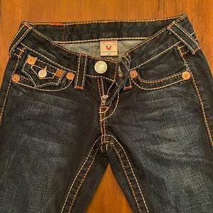 True Religion Rainbow Joey thick stitch, flare leg size 24! Twisted seam!